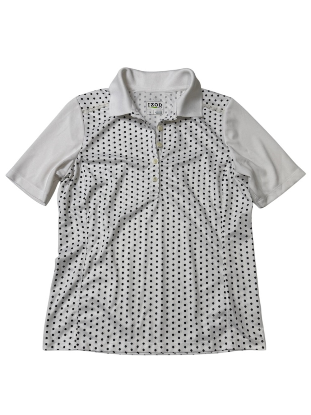{IZOD Golf} Black White Polka Dot Short Sleeve Button Up Polo Top Shirt WAT43